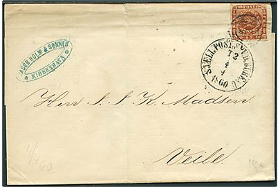 4 sk. 1858 udg. på brev fra Kjøbenhavn annulleret med kombineret nr.stempel 181/Sjæll:Post:Sped:Bureau d. 4.4.1860 til Vejle.