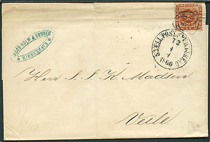 4 sk. 1858 udg. på brev fra Kjøbenhavn annulleret med kombineret nr.stempel 181/Sjæll:Post:Sped:Bureau d. 4.4.1860 til Vejle.