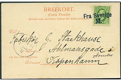 5 öre Oscar på brevkort annulleret med skibsstempel Fra Sverige M. og sidestemplet N.OMB. d. 15.10.1903 til København, Danmark. 