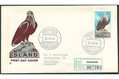 50 kr. Havørn på illustreret anbefalet FDC fra Reykjavik d. 26.4.1966 til Brejning, Danmark.
