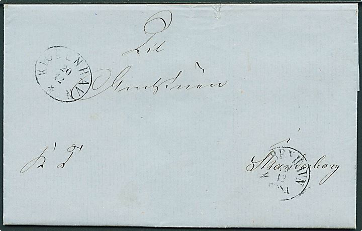 1863. Ufrankeret tjenestebrev fra Finansministeriet med antiqua Kjøbenhavn d. 19.12.1863 og overnatningsstempel Kiøbenhavn d. 20.12.1863 til Skanderborg. 