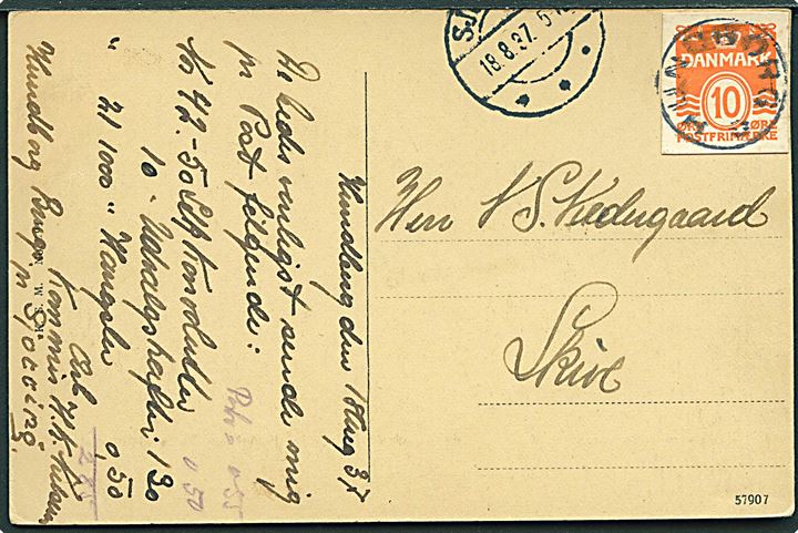 10 øre helsagsafklip på brevkort annulleret med udslebet stjernestempel HUNDBORG og sidestemplet Sjørring d. 18.8.1937 til Skive