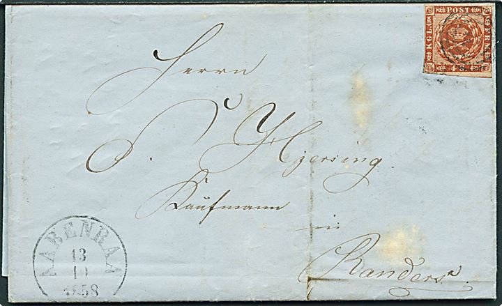 4 sk. 1858 udg. på brev annulleret med nr.stempel 6 og sidestemplet med antiqua Aabenraa d. 13.10.1858 til Randers.