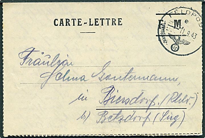 Ufrankeret tysk feltpostbrev på erobret fransk feltpost formular stemplet Feldpost d. 11.9.1943 til Tyskland. Fra soldat ved feldtpost nr. 34185C = 2. komp. Reserve-Grenadier-Bataillon 256 stationeret i Bretagne i Frankrig.