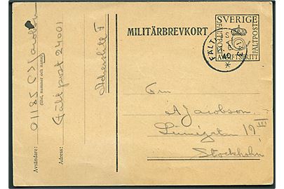 Militärbrevkort stemplet Fältpost 143 d. 17.6.1940 til Stockholm. Fra soldat ved Fältport nr. 24001 Litr. F. På bagsiden stemplet: Fältpost 243 24.
