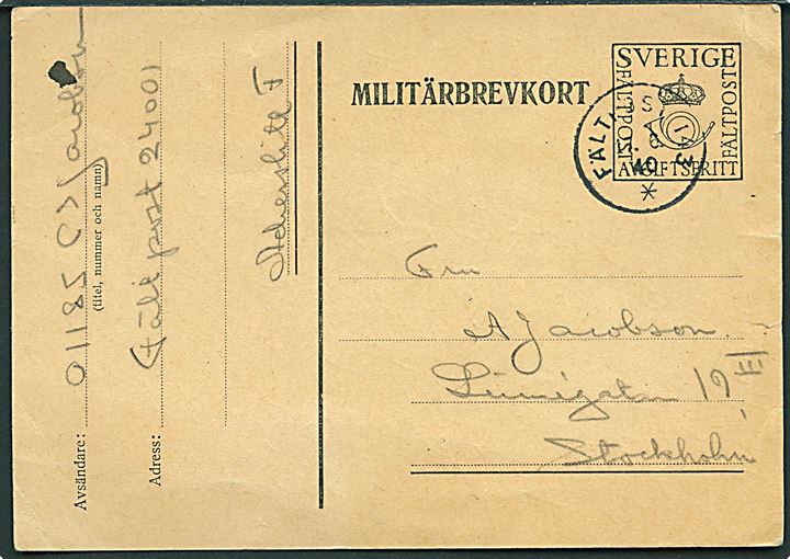 Militärbrevkort stemplet Fältpost 143 d. 17.6.1940 til Stockholm. Fra soldat ved Fältport nr. 24001 Litr. F. På bagsiden stemplet: Fältpost 243 24.