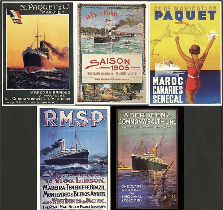 5 skibspostkort med bl.a. Aragon
