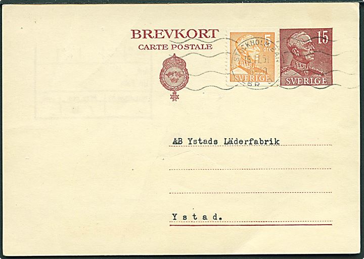15 öre Gustaf helsagsbrevkort opfrankeret med 5 öre Gustaf fra Stockholm d. 16.11.1951 til Ystad.