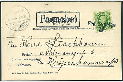 5 öre Oscar på brevkort fra Malmö annulleret med skibsstempel Fra Sverige M. og sidestemplet Paquebot og Kjøbenhavn d. 18.1.1904 til Kjøbenhavn, Danmark.