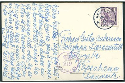 10 öre Gustaf på brevkort fra Ängelholm d. 24.6.1945 til København, Danmark. Dansk efterkrigscensur (krone)/219/Danmark.