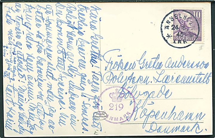 10 öre Gustaf på brevkort fra Ängelholm d. 24.6.1945 til København, Danmark. Dansk efterkrigscensur (krone)/219/Danmark.