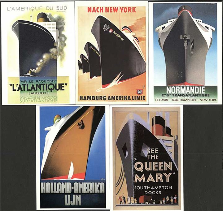 5 skibspostkort med bl.a. Queen Mary.