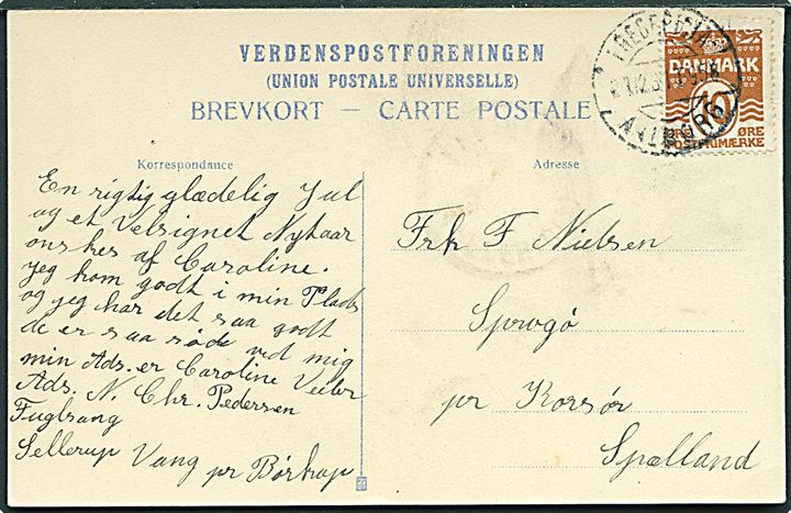 10 øre Bølgelinie på brevkort fra Sellerup Vang pr. Børkop annulleret med bureaustempel Fredericia - Aalborg T.958 d. 27.12.1931 og sidestemplet med svagt posthornstempel BREJNING (FREDERICIA) til kvindehjemmet på Sprogø pr. Korsør. 