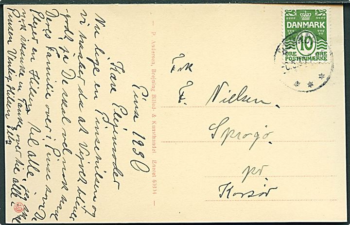10 øre Bølgelinie på brevkort (De Kellerske Anstalter, Brejning) fra Børkop d. 6.6.1930 til Kvindehjemmet på Sprogø pr. Korsør.