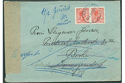 10 øre Chr. X i parstykke på brev fra Børkop d. 26.1.1918 til Berlin, Tyskland. Retur med flere påtegninger. Åbnet af tysk censur i Berlin.
