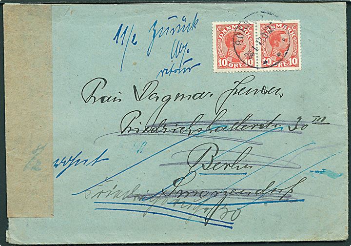 10 øre Chr. X i parstykke på brev fra Børkop d. 26.1.1918 til Berlin, Tyskland. Retur med flere påtegninger. Åbnet af tysk censur i Berlin.