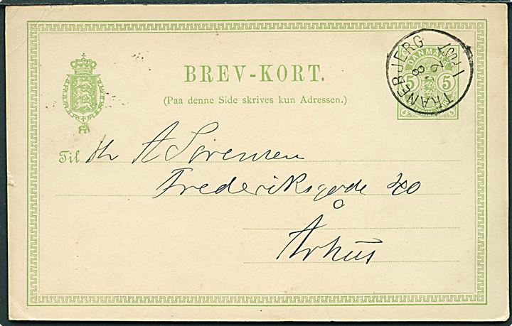 5 øre Våben helsagsbrevkort annulleret med lapidar Tranebjerg d. 18.2.1889 til Aarhus.