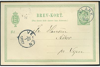 5 øre Våben helsagsbrevkort annulleret med lapidar Klank d. 29.1.1902 til Askov pr. Vejen.