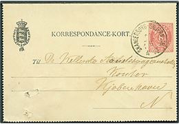 8 øre helsags korrespondancekort dateret Funder St. annulleret med lapidar bureaustempel Skanderborg - Skjern JB. d. 22.6.1893 til Kjøbenhavn. Arkivhuller.