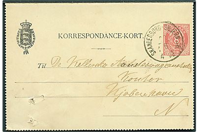 8 øre helsags korrespondancekort dateret Funder St. annulleret med lapidar bureaustempel Skanderborg - Skjern JB. d. 22.6.1893 til Kjøbenhavn. Arkivhuller.