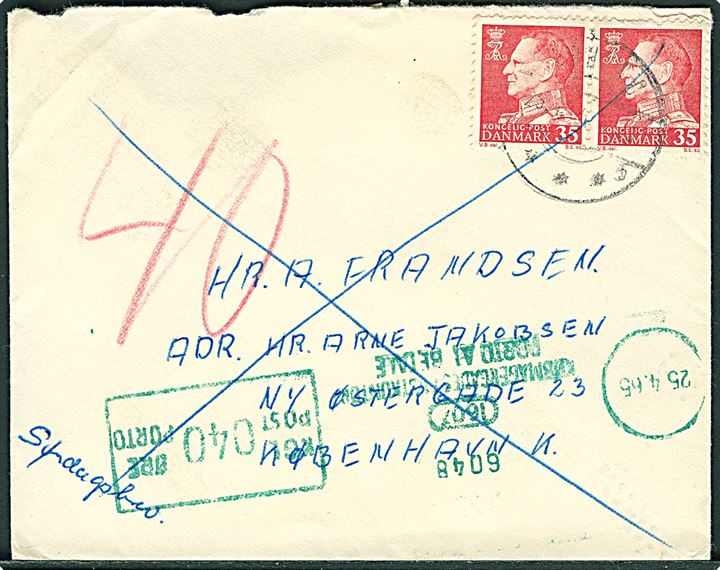 35 øre Fr. IX i parstykke på underfrankeret søndagsbrev fra Århus C d. 25.4.1965 til København. Udtakseret i 40 øre porto med grønt portomaskinstempel.