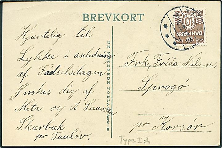 10 øre Bølgelinie på brevkort fra Taulov d. 20.4.1939 til Kvindehjemmet på Sprogø pr. Korsør.