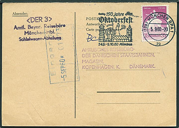 35 øre Balletfestival på svarbrevkort annulleret med tysk stempel i München d. 5.9.1960 til DSB Rejsebureau i København.