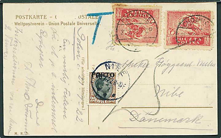 Polsk 6 m. (2) på underfrankeret brevkort fra Chojnice d. 21.7.1922 til Nibe, Danmark. Udtakseret i porto med 25 øre Porto-provisorium stemplet Nibe d. 26.7.1922.