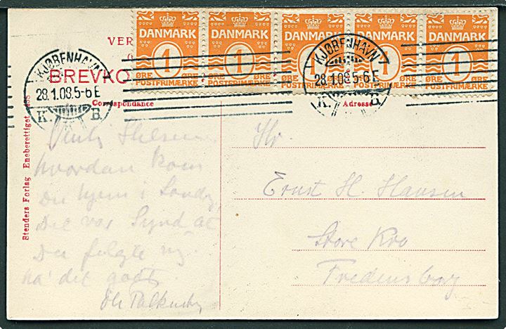 1 øre Bølgelinie i 5-stribe på brevkort (Langebro) fra Kjøbenhavn d. 28.1.1908 til Store Kro pr. Fredensborg.