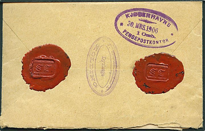 5 øre Chr. IX i 4-stribe på værdibrev fra Kolding d. 29.3.1906 til Kjøbenhavn. Ulovlig frankering, da frimærker på værdibreve skulle placeret med mindst et halvt mærkes mellemrum.