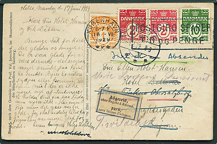 1 øre, 2 øre (2) og 10 øre Bølgelinie på brevkort fra København d. 18.6.1929 til Berchtesgaden, Bayern - retur til Holte med 2-sproget returetiket Abgereist og siden eftersendt til Tisvildeleje.