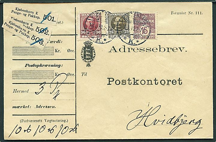 15 øre Bølgelinie, 25 øre og 50 øre Fr. VIII på adressebrev for 3 pakker fra Kjøbenhavn d. 18.1.1910 til Hvidbjerg.