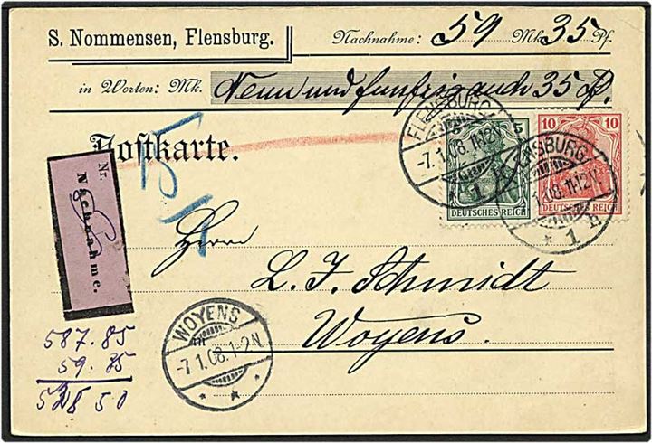 5 pfennig grøn og pfennig rød på postopkrævning fra Flensborg, Tyskland, d. 7.1.1908 til Woyens / Vojens.