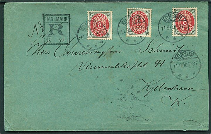 8 øre Tofarvet (3) omv. ramme på anbefalet brev fra Korsør d. 11.9.1900 til Kjøbenhavn.