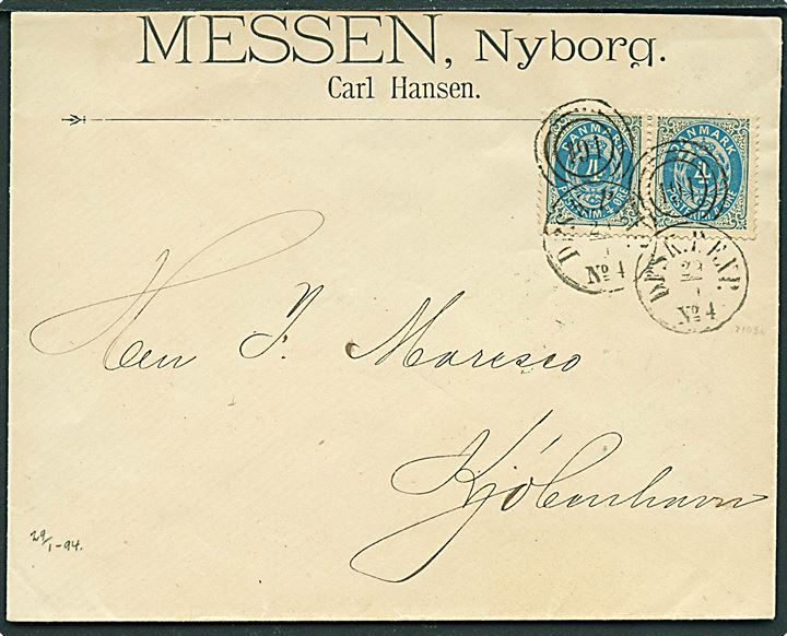 4 øre Bølgelinie omv. ramme i parstykke på brev fra Nyborg annulleret med kombineret nr.stempel 191/DPSK.P.EXP. No. 4 d. 29.1.1894 til Kjøbenhavn.