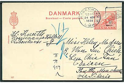 20 øre Kæmpehøj helsagsbrevkort (fabr. 127) fra København d. 24.11.1938 til Dairen, Manchuriet via Sibirien. Lille skade i højre side. God destination.