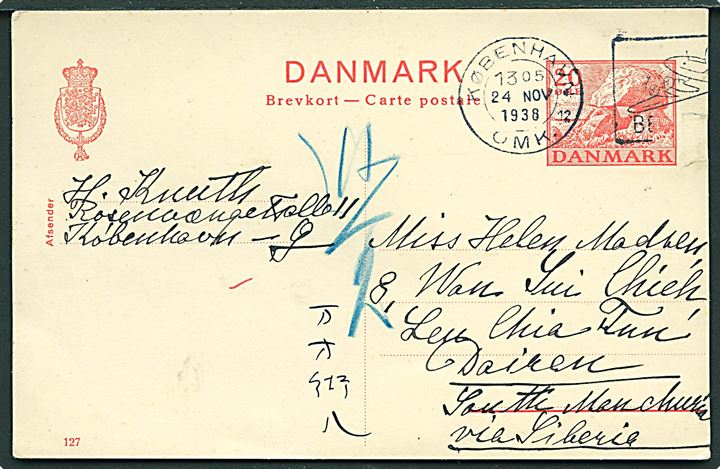 20 øre Kæmpehøj helsagsbrevkort (fabr. 127) fra København d. 24.11.1938 til Dairen, Manchuriet via Sibirien. Lille skade i højre side. God destination.
