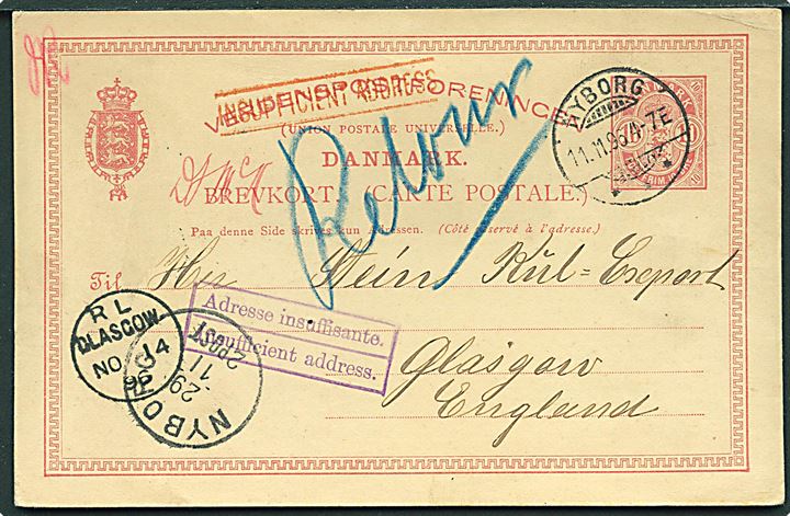 10 øre Våben helsagsbrevkort fra Nyborg d. 11.11.1896 til Glassgow, Scotland. Retur pga. utilstrækkelig adresse med flere stempler.