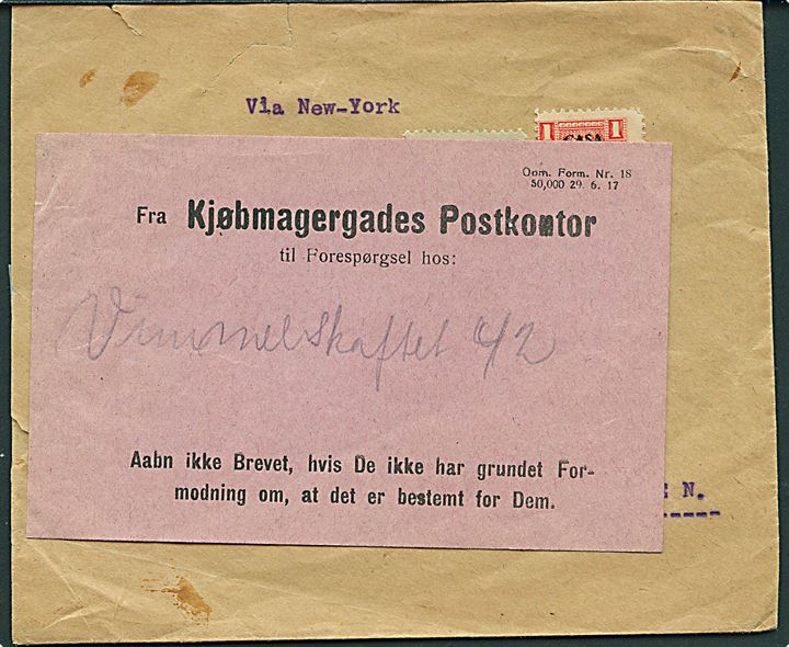 11 c. blandingsfrankeret brev fra Cuayaquil 1920 via New York til København, Danmark Påsat violet etiket fra Kjøbmagergades Postkontor - Opm.Form. Nr. 18 50.000 29.6.17. 