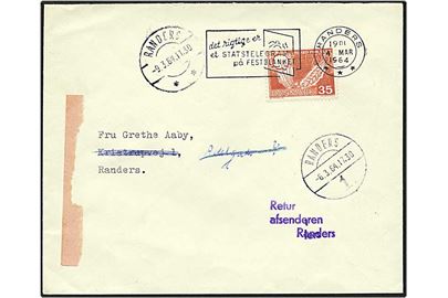 35 øre rød FAO på meget lokalt sendt brev fra Randers d. 4.3.1964. Brevet er returneret med diverse stempler.