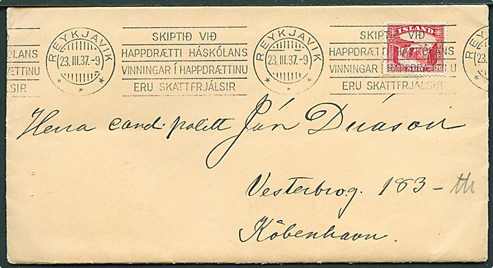 20 aur Gullfoss med automatafskæring single på brev fra Reykjavik d. 23.3.1937 til København, Danmark.