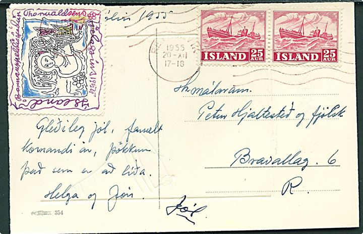 25 aur Erhverv i parstykke og Thorvaldsen Forening Julemærke 1955 på lokalt julekort annulleret med rødt maskinstempel i Reykjavik d. 20.12.1955.