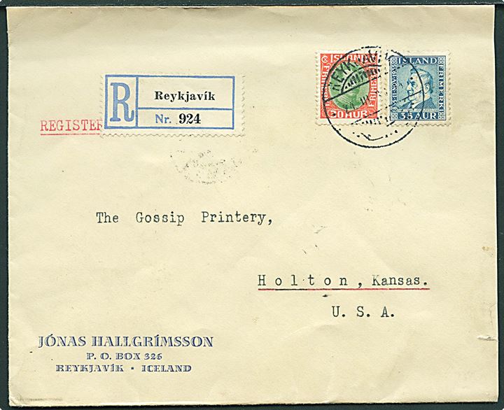 30 aur Chr. X og 35 aur Jochumsson på anbefalet brev fra Reykjavik d. 24.3.1938 til Holton, USA.