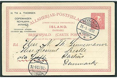 10 aur Chr. IX helsagsbrevkort med tiltryk fra firma H.Th.A.Thomsen fra Reykjavik d. 26.5.1903 til Aarhus, Danmark. Påskrevet: via Leith.