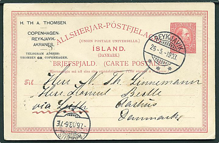 10 aur Chr. IX helsagsbrevkort med tiltryk fra firma H. Th. A. Thomsen fra Reykjavik d. 26.5.1903 til Aarhus, Danmark. Påskrevet: via Leith.