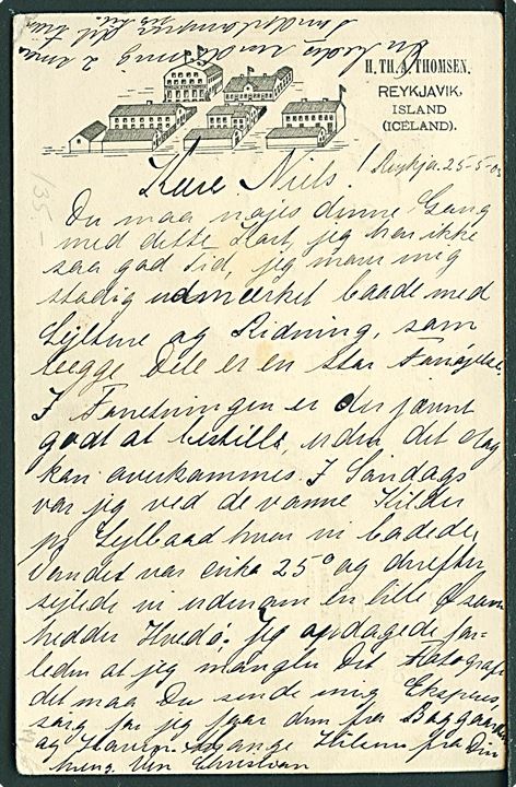 10 aur Chr. IX helsagsbrevkort med tiltryk fra firma H. Th. A. Thomsen fra Reykjavik d. 26.5.1903 til Aarhus, Danmark. Påskrevet: via Leith.