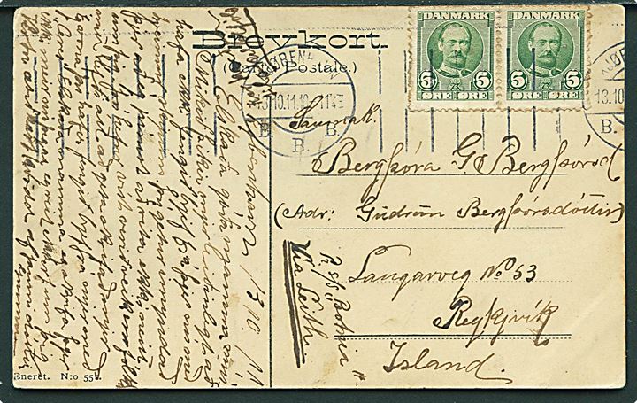 5 øre Fr. VIII i parstykke på brevkort fra Kjøbenhavn d. 13.10.1911 til Reykjavik, Island. Påskrevet: Pr. S/S Botnia via Leith.