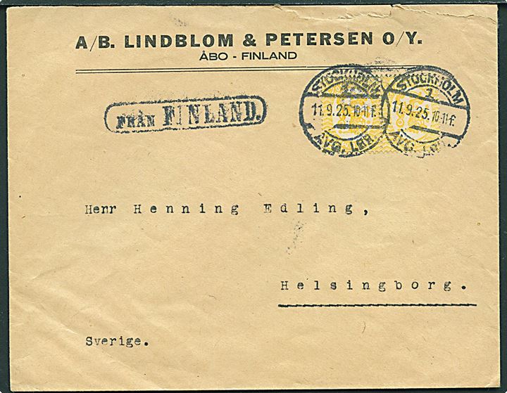25 pen. Løve på brev fra Åbo annulleret med svensk stempel Stockholm d. 11.9.1925 og sidestemplet Från Finland til Helsingborg, Sverige.