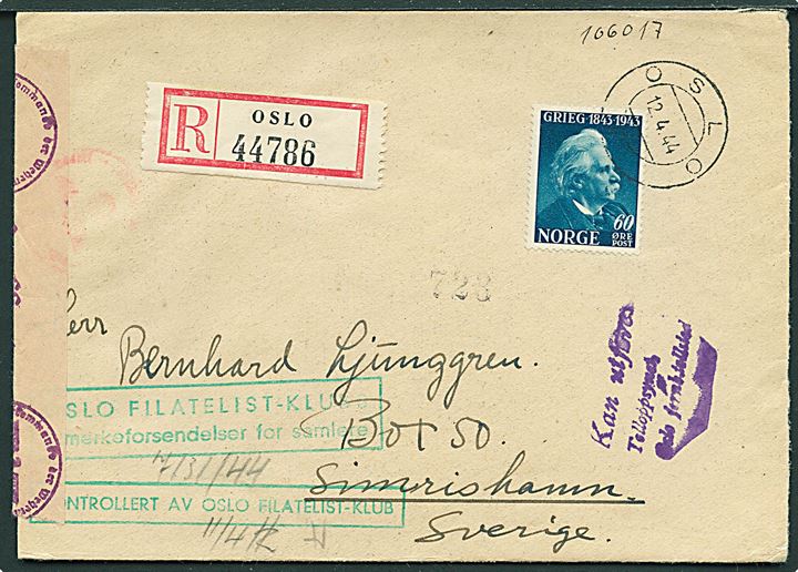 60 øre Grieg single på anbefalet brev fra Oslo d. 12.4.1944 til Simrishamn. Sverige. Grønt rammestempel Kontrolleret av Oslo Filatelist-Klub og åbnet af tysk censur i Oslo.