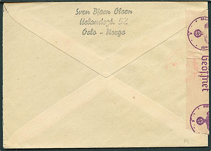 60 øre Grieg single på anbefalet brev fra Oslo d. 12.4.1944 til Simrishamn. Sverige. Grønt rammestempel Kontrolleret av Oslo Filatelist-Klub og åbnet af tysk censur i Oslo.